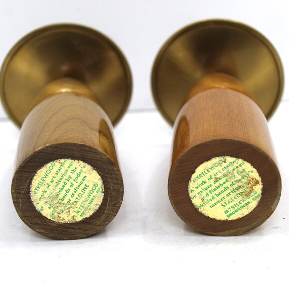 Vintage Stateline Oregon Myrtle Wood with Brass top Candle Holders Pair of 2 MCM - Picture 4 of 6